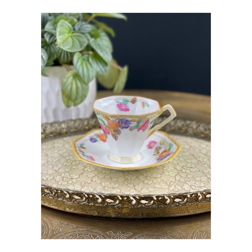 Vintage Adderley Art Deco Teacup & Saucer Set Bone China Footed Floral